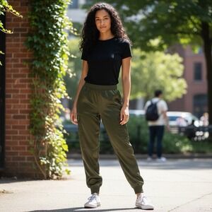 Olive Green Satin Cargo joggers Elastic Waist Ankle Cuffs Pockets Streetwear M
